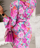 Floral Print Round Neck Long Sleeve Dress - Body By J'ne