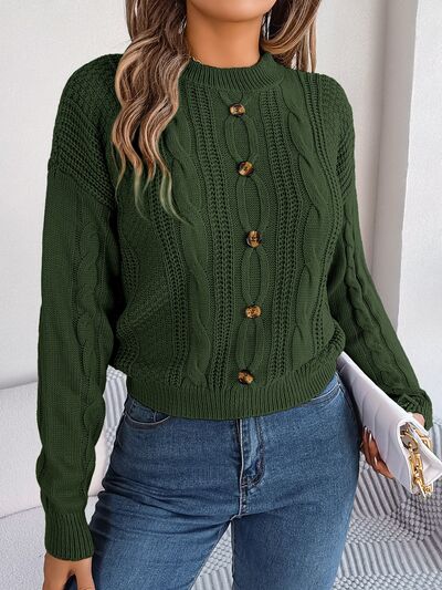 Cable-Knit Buttoned Round Neck Sweater - Body By J'ne