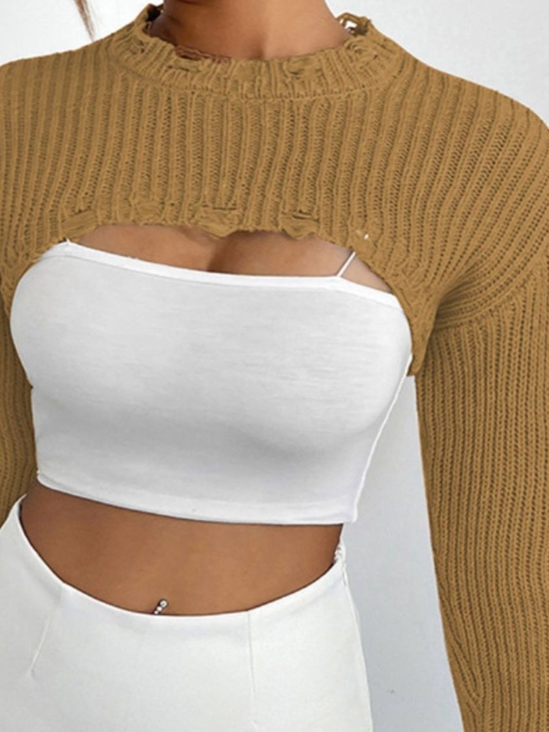 Distressed Long Sleeve Cropped Sweater - Body By J'ne