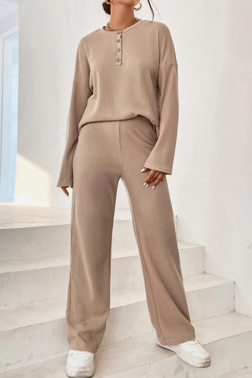 Ribbed Half Button Top and Pants Set - Body By J'ne