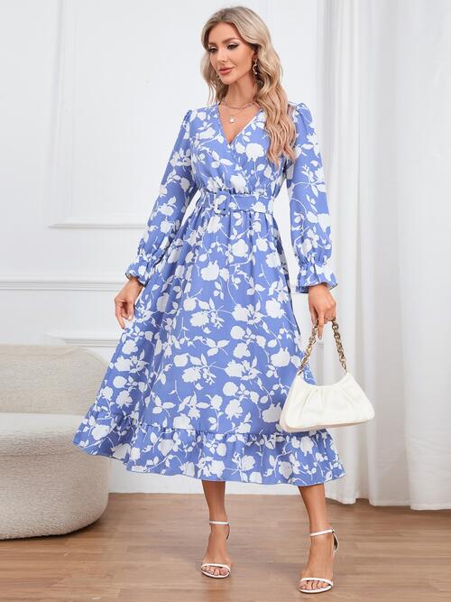 Floral Surplice Flounce Sleeve Ruffle Hem Dress - Body By J'ne