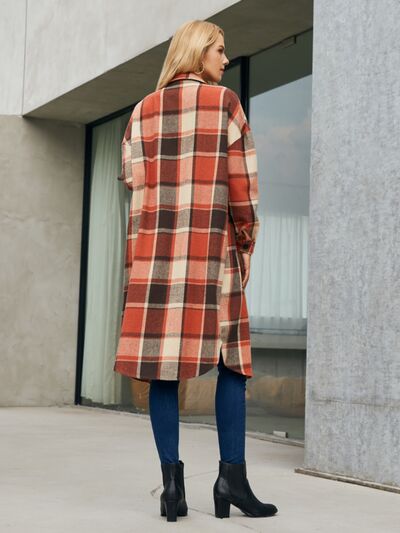 Plaid Pocketed Button Up Trench Coat - Body By J'ne
