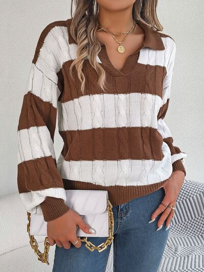 Cable-Knit Striped Long Sleeve Sweater - Body By J'ne