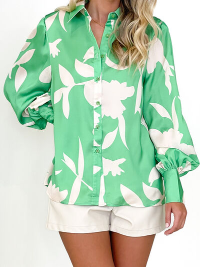 Printed Button Up Lantern Sleeve Shirt - Body By J'ne