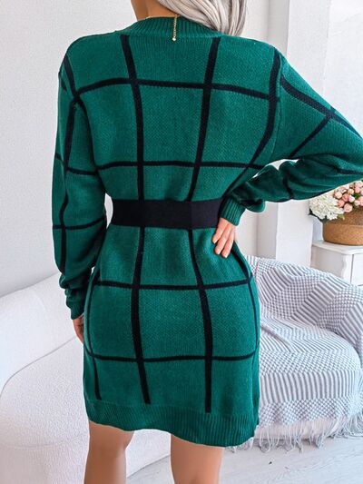 Plaid Round Neck Dropped Shoulder Sweater Dress - Body By J'ne