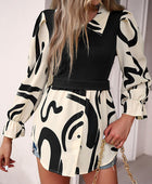 Collared Neck Black And White Color-Contrast Print Long Sleeve Shirt - Body By J'ne