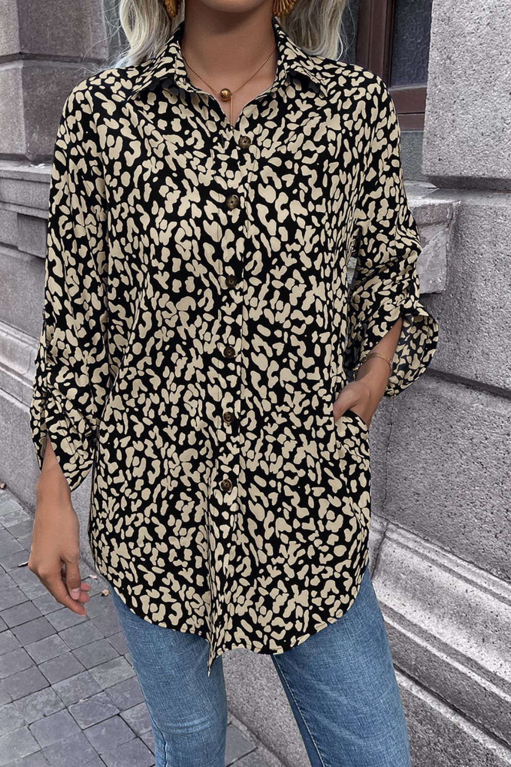 Leopard Roll-Tap Sleeve Shirt - Body By J'ne