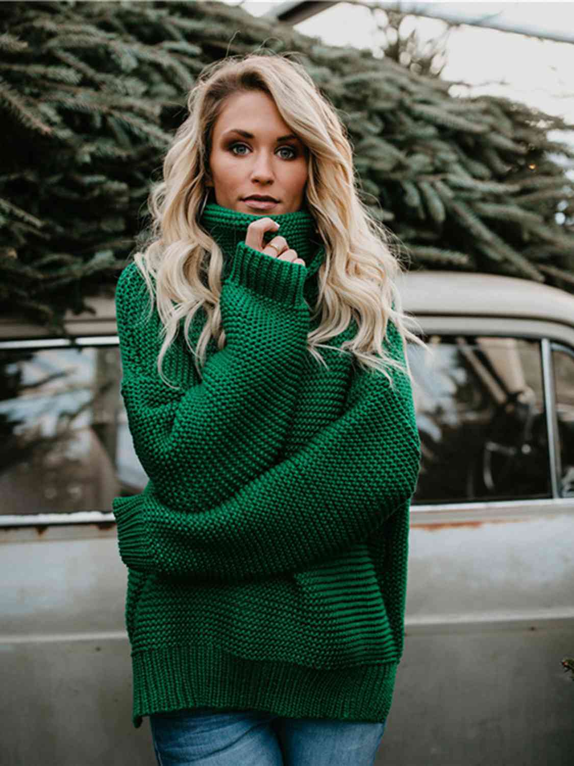Turtleneck Dropped Shoulder Slit Sweater - Body By J'ne
