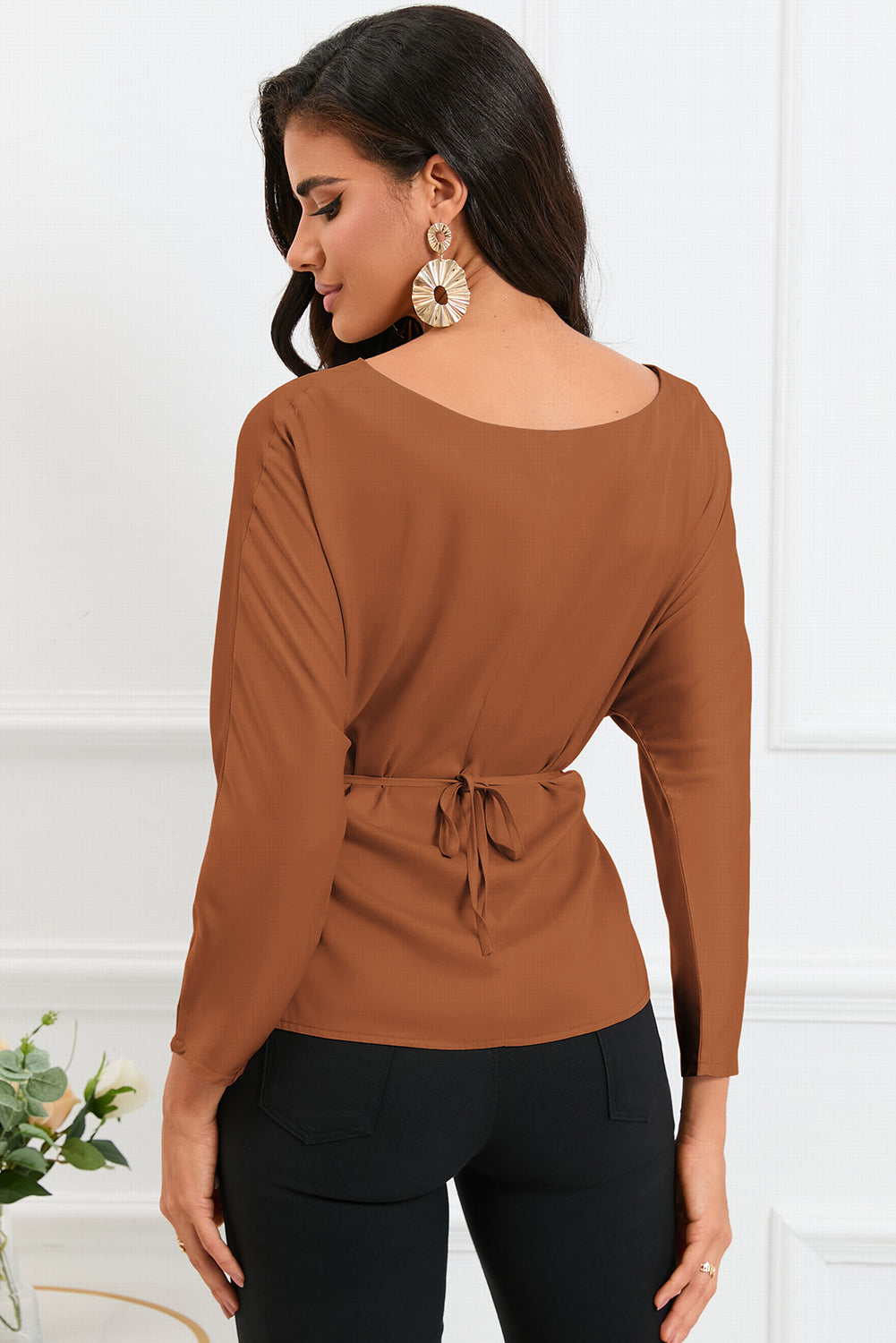 Boat Neck Back Tie Long Sleeve Satin Blouse - Body By J'ne