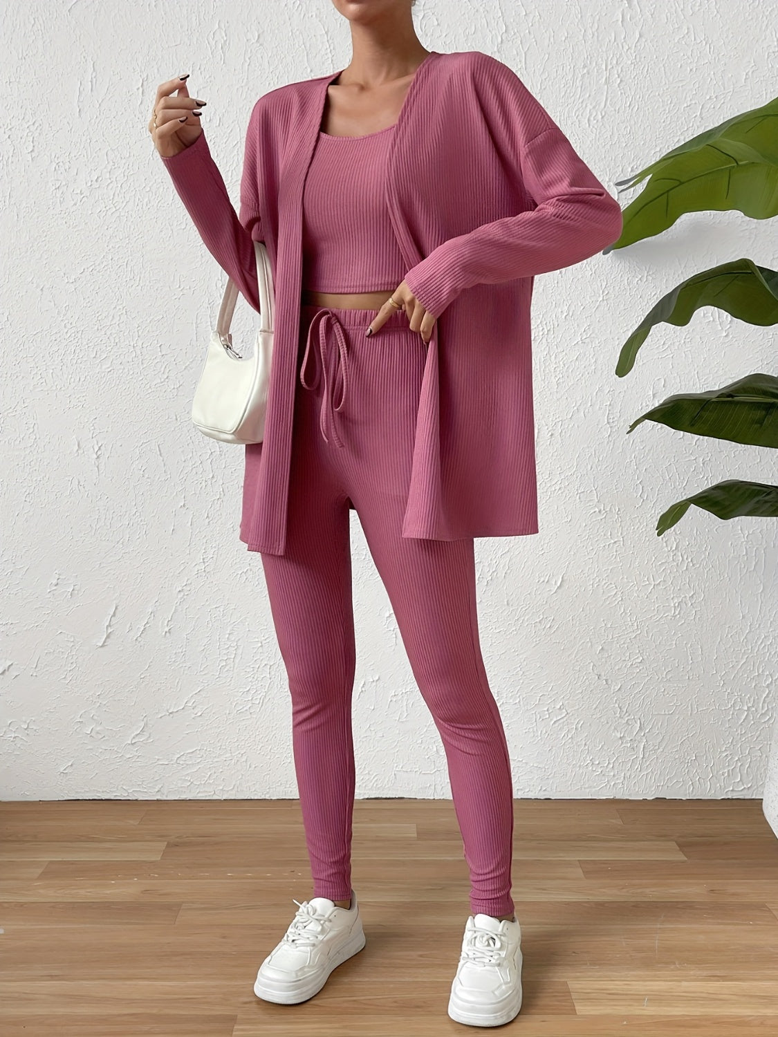 Cami, Open Front Cardigan, and Pants Set - Body By J'ne