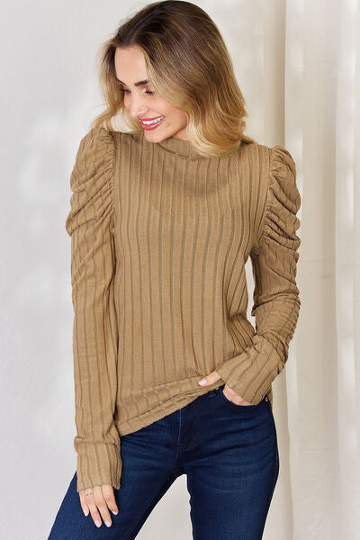 Full Size Ribbed Mock Neck Puff Sleeve T-Shirt - Body By J'ne