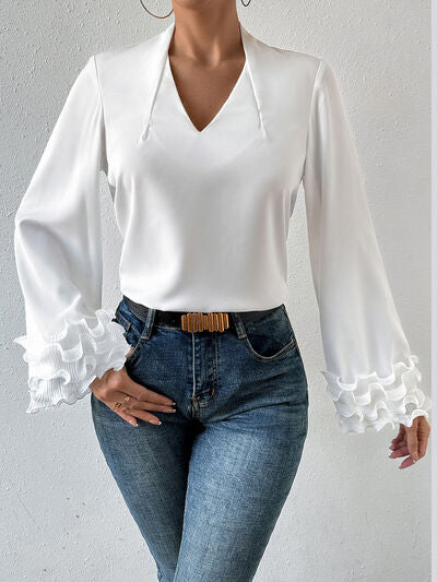 Lettuce Hem V-Neck Long Sleeve Blouse - Body By J'ne