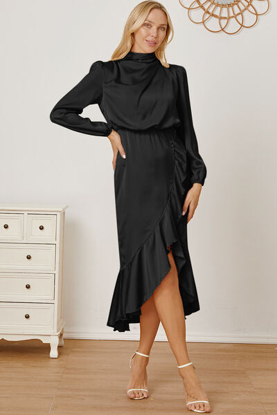 Mock Neck Ruffled Asymmetrical Dress - Body By J'ne