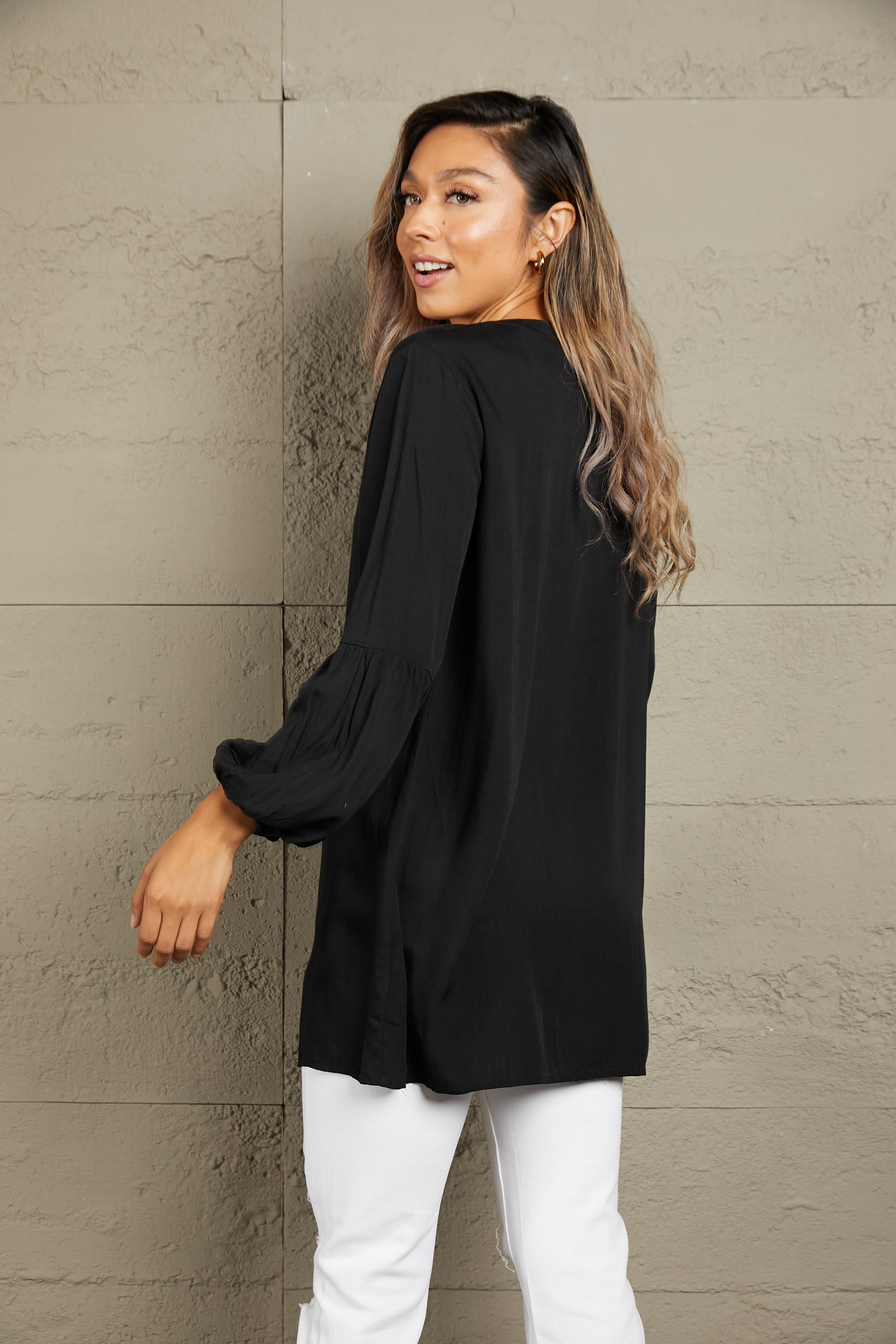 Notched Neck Balloon Sleeve Shirt - Body By J'ne