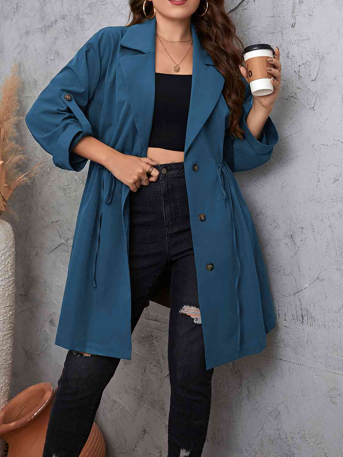 Plus Size Lapel Collar Drawstring Roll-Tab Sleeve Trench Coat - Body By J'ne