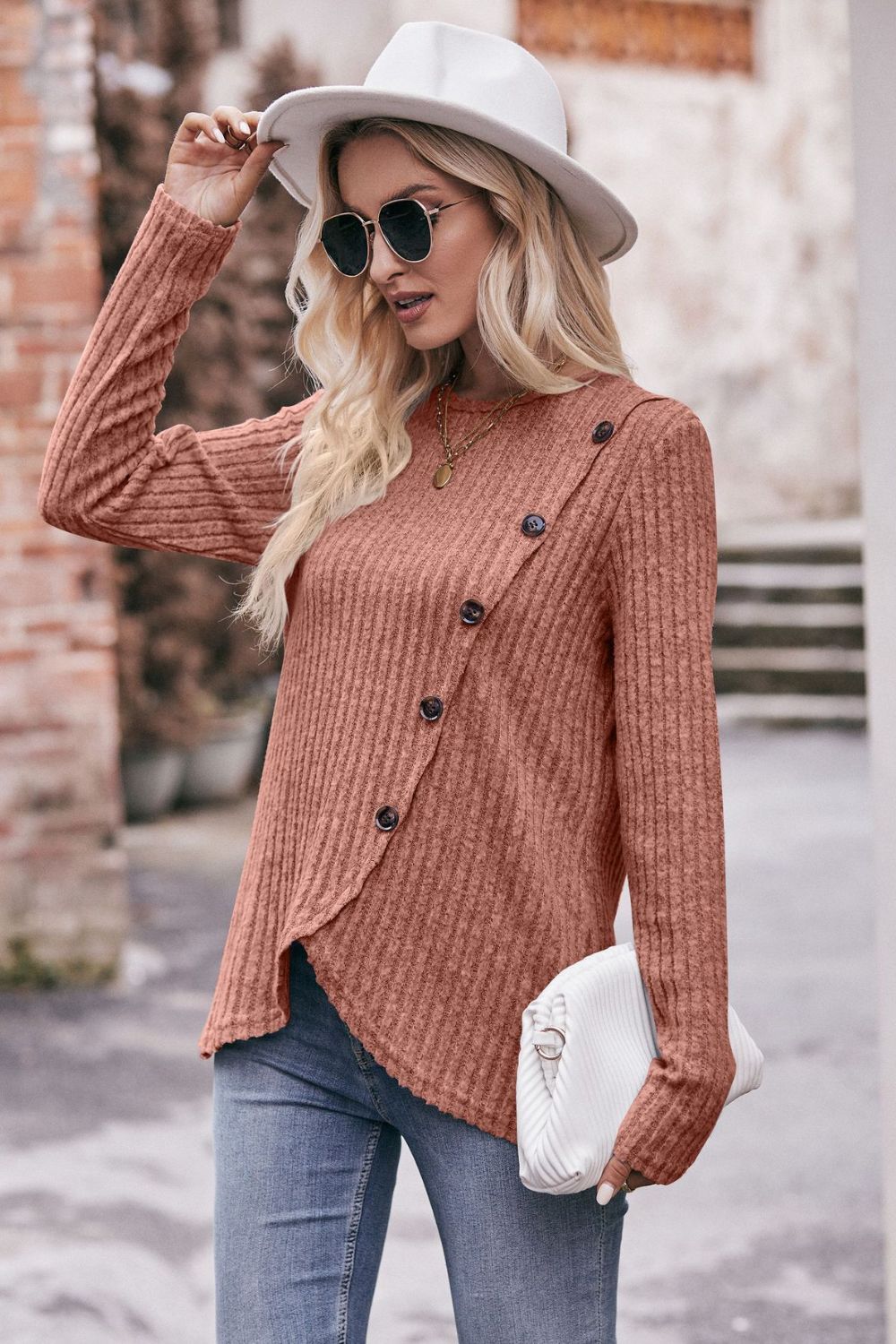 Double Take Ribbed Round Neck Buttoned Long Sleeve Tee - Body By J'ne