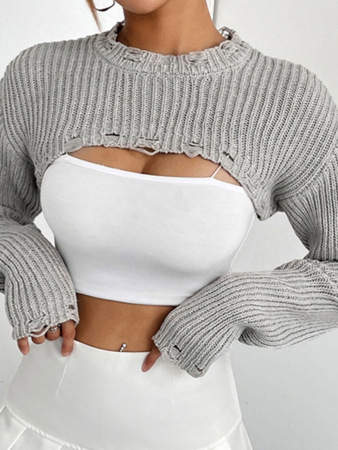 Distressed Long Sleeve Cropped Sweater - Body By J'ne