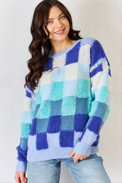 Checkered Round Neck Long Sleeve Sweater - Body By J'ne