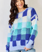 Checkered Round Neck Long Sleeve Sweater - Body By J'ne