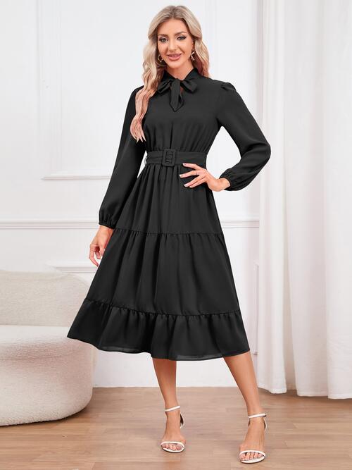 Tie Neck Long Sleeve Tiered Dress - Body By J'ne