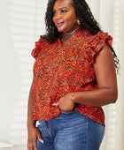 Floral Flutter Sleeve Notched Neck Blouse - Body By J'ne