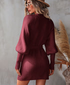 Belted Surplice Lantern Sleeve Wrap Sweater Dress - Body By J'ne
