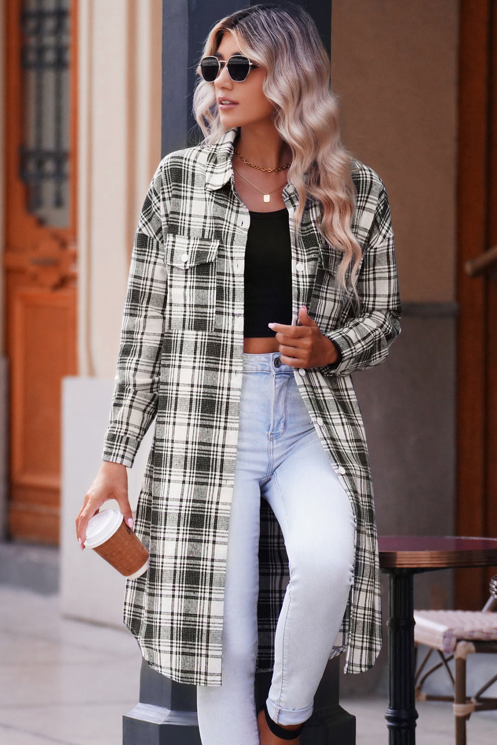 Plaid Button-Up Longline Shacket with Breast Pockets - Body By J'ne