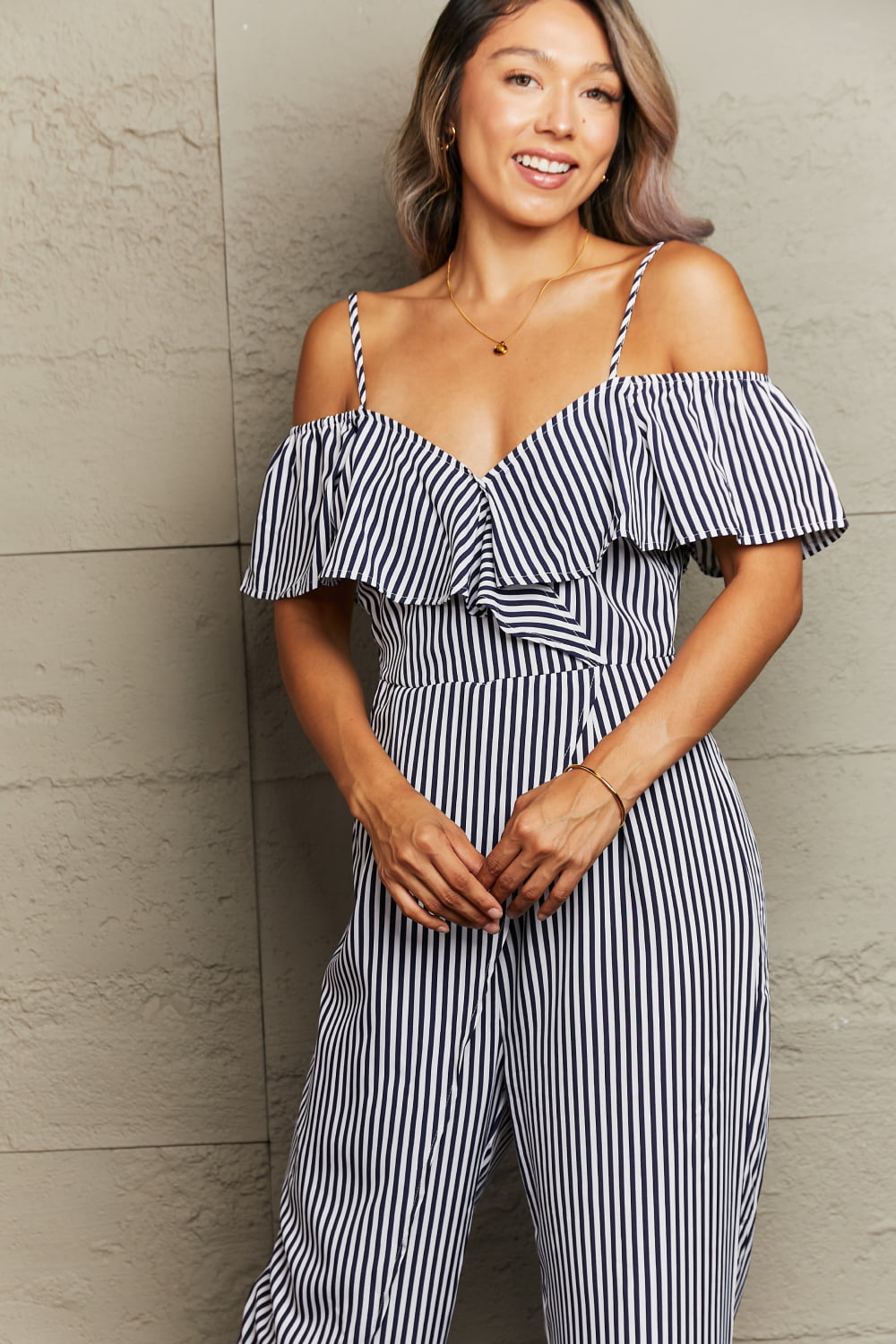 Striped Spaghetti Strap Cold-Shoulder Jumpsuit - Body By J'ne