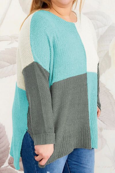 Plus Size Color Block Round Neck Sweater - Body By J'ne