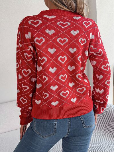 Heart Pattern V-Neck Long Sleeve Sweater - Body By J'ne