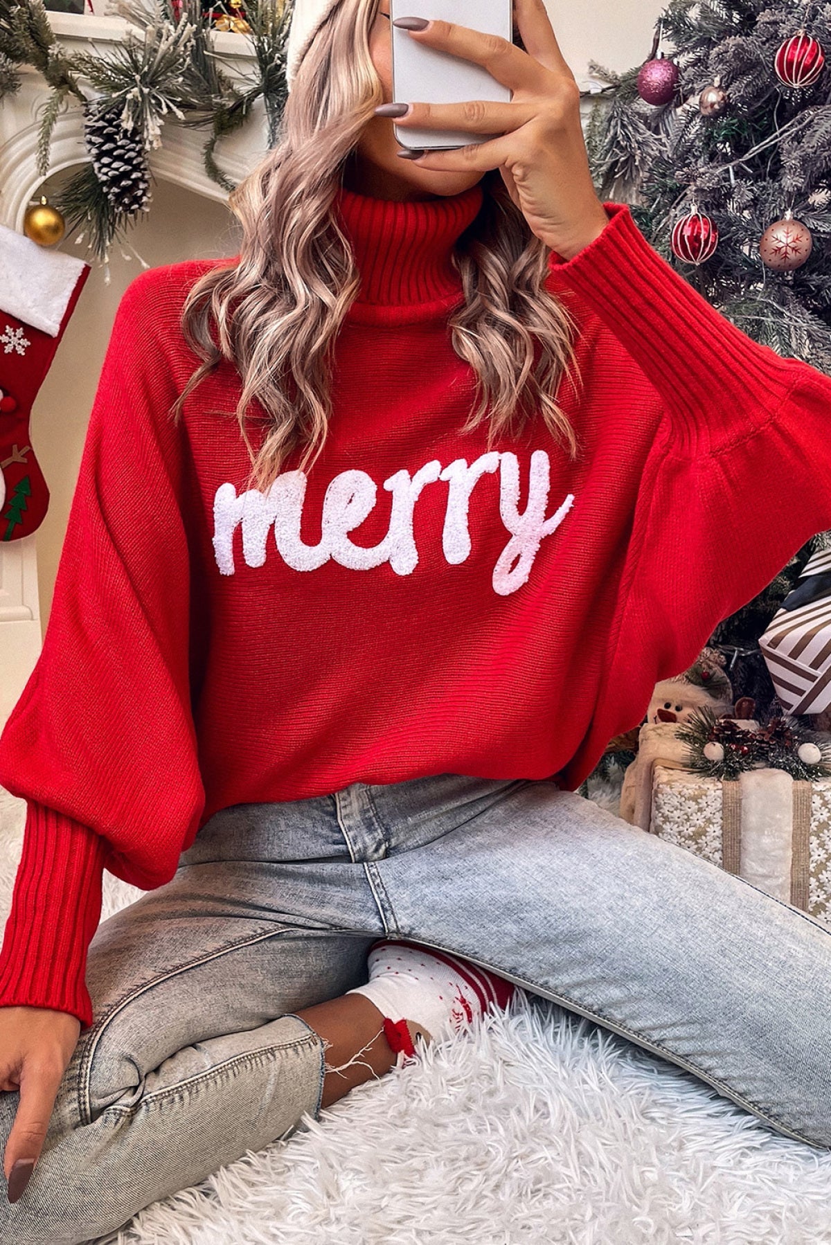 Rose Merry Letter Embroidered High Neck Sweater - Body By J'ne