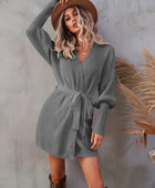 Belted Surplice Lantern Sleeve Wrap Sweater Dress - Body By J'ne