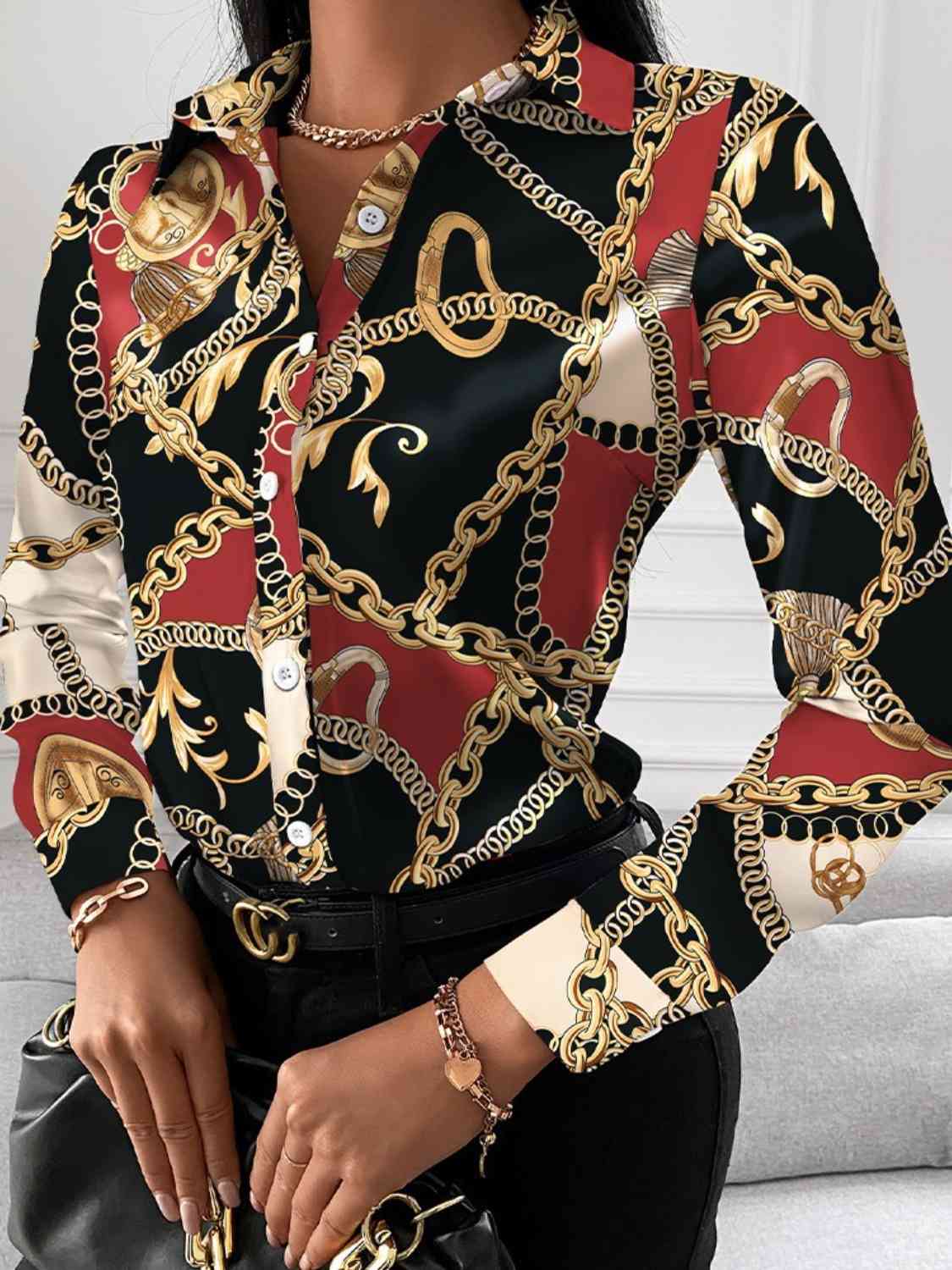 Printed Collared Neck Long Sleeve Shirt - Body By J'ne