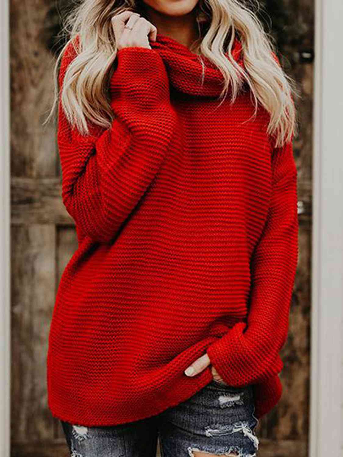Turtleneck Dropped Shoulder Slit Sweater - Body By J'ne