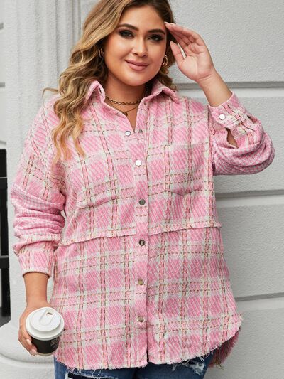 Plus Size Plaid Pocketed Snap Down Jacket - Body By J'ne