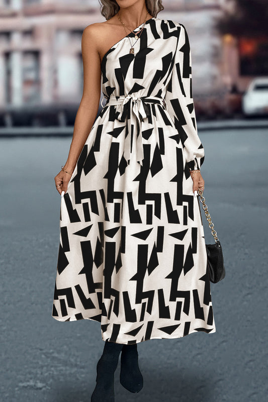 Printed One-Shoulder Tie Waist Dress - Body By J'ne