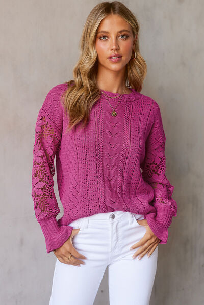 Openwork Lantern Sleeve Dropped Shoulder Sweater - Body By J'ne