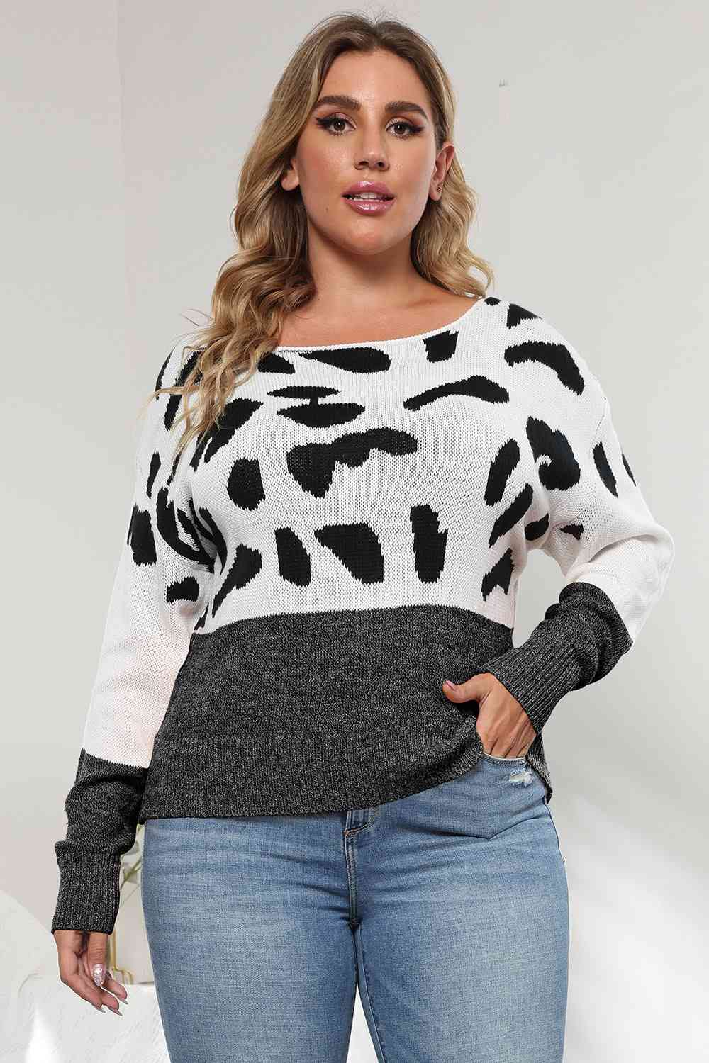 Plus Size Leopard Round Neck Long Sleeve Sweater - Body By J'ne