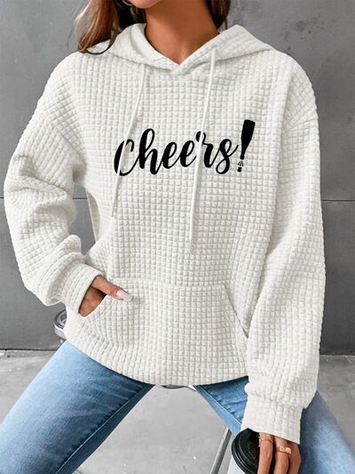 Full Size CHEERS Waffle-Knit Drawstring Hoodie - Body By J'ne