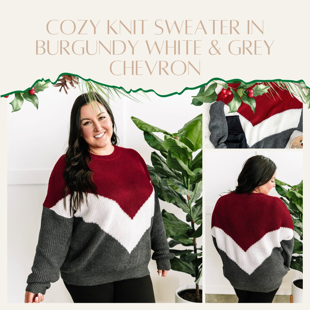 Cozy Knit Sweater In Burgundy White & Grey Chevron - Body By J'ne