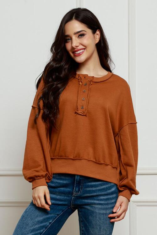 Exposed Seam Half Button Long Sleeve Sweatshirt - Body By J'ne