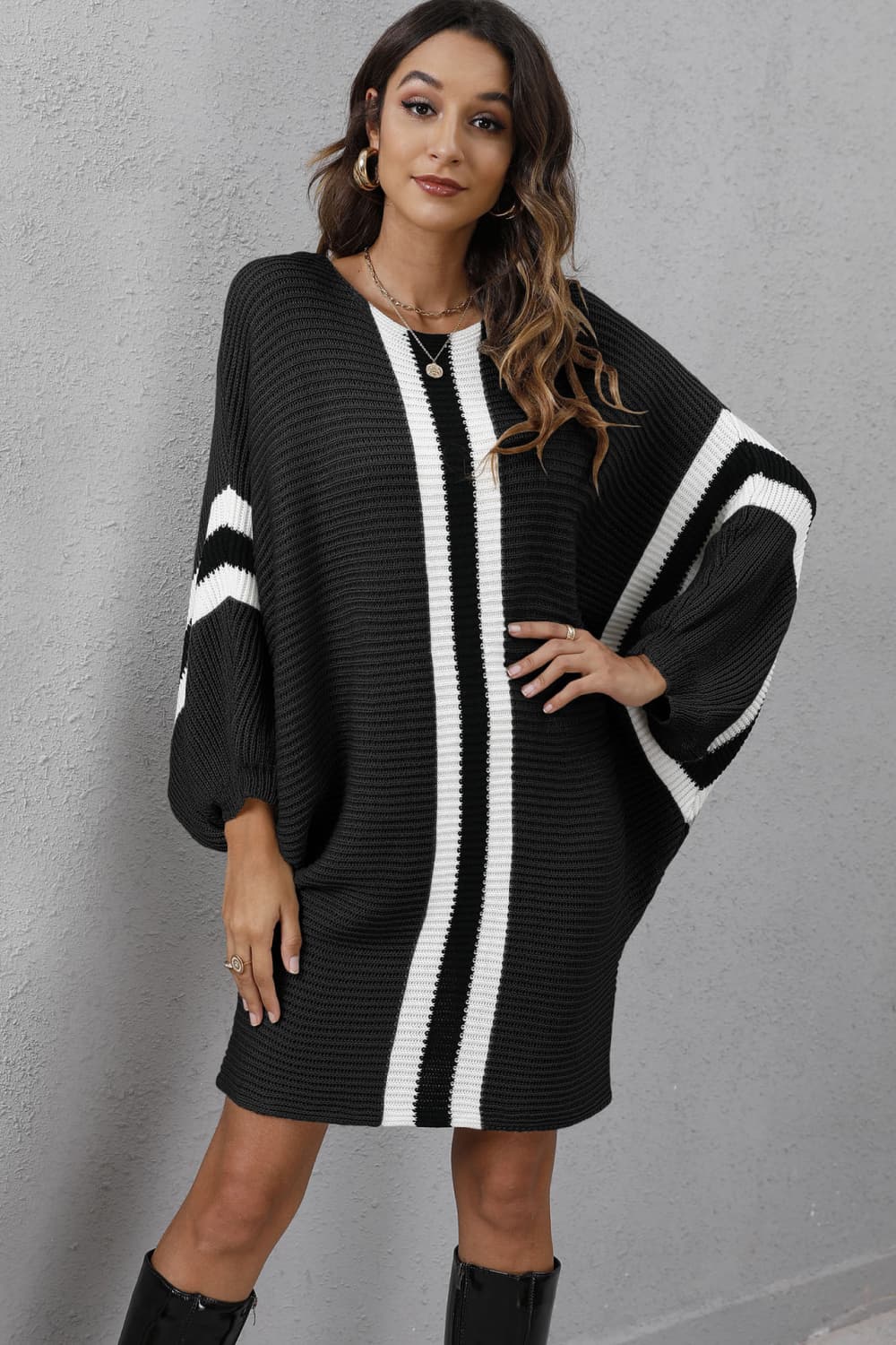 Ribbed Round Neck Long Sleeve Sweater Dress - Body By J'ne