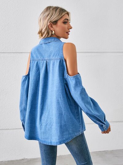 Cold Shoulder Pocketed Button Up Denim Jacket - Body By J'ne