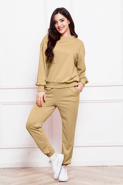 Round Neck Long Sleeve Sweatshirt and Pants Set - Body By J'ne