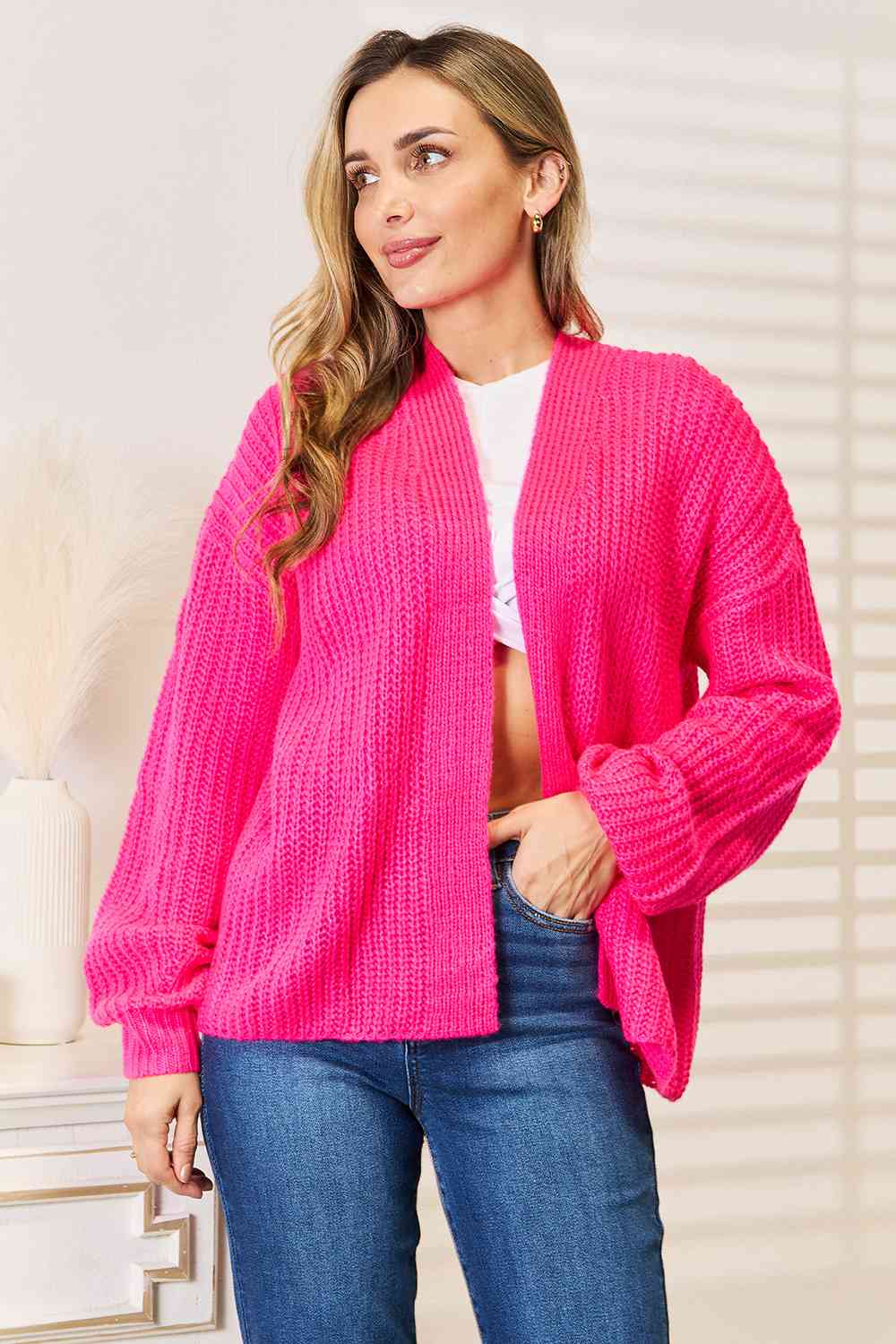 Rib-Knit Open Front Drop Shoulder Cardigan - Body By J'ne