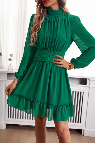 Frill Ruched Mock Neck Balloon Sleeve Dress - Body By J'ne