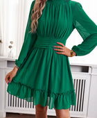 Frill Ruched Mock Neck Balloon Sleeve Dress - Body By J'ne