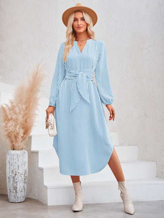 Striped Notched Neck Curved Hem Long Sleeve Dress - Body By J'ne