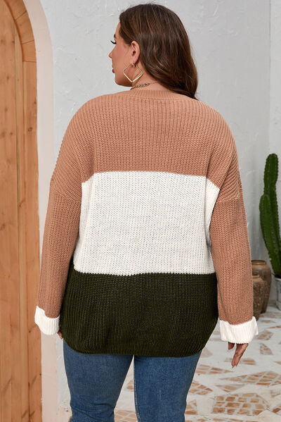 Plus Size Color Block Round Neck Sweater - Body By J'ne