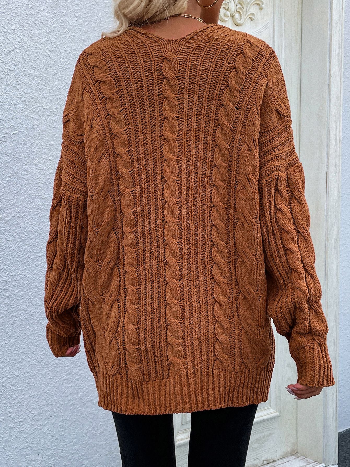 Woven Right Cable-Knit Open Front Cardigan with Front Pockets - Body By J'ne